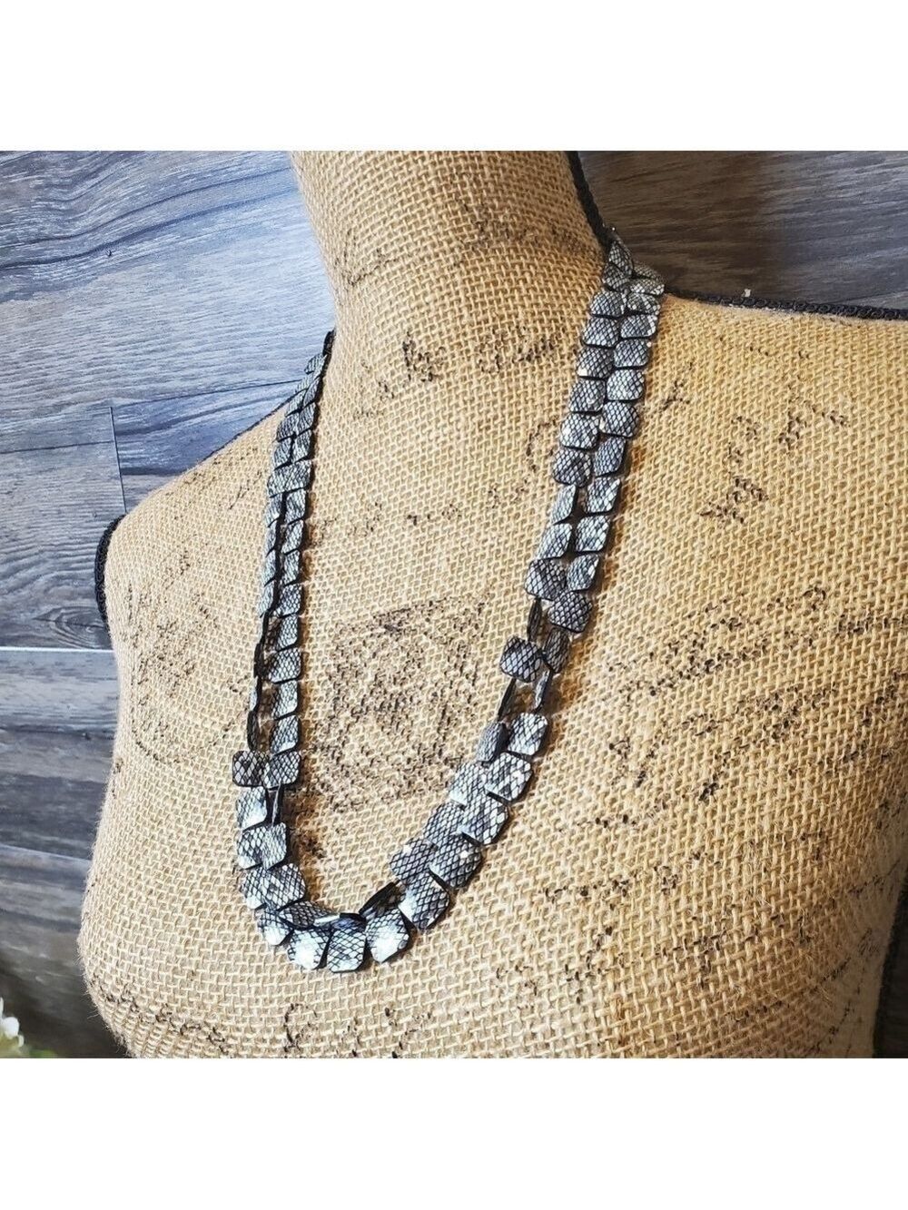 Snakeskin Beaded Necklace Long Black Gray